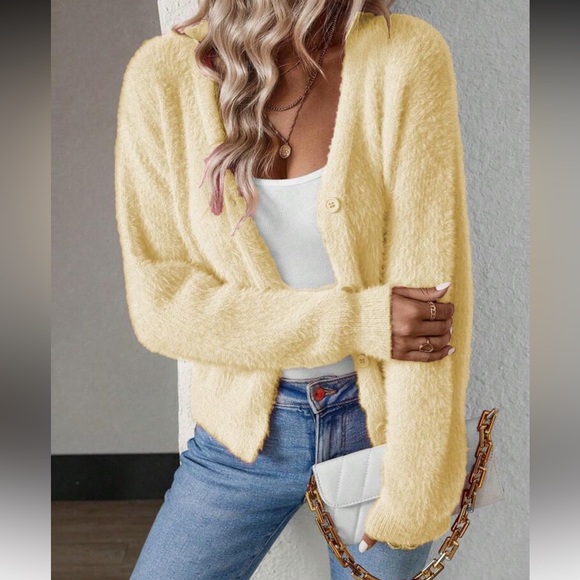 Women's Fuzzy Yellow Cardigan Sweater
